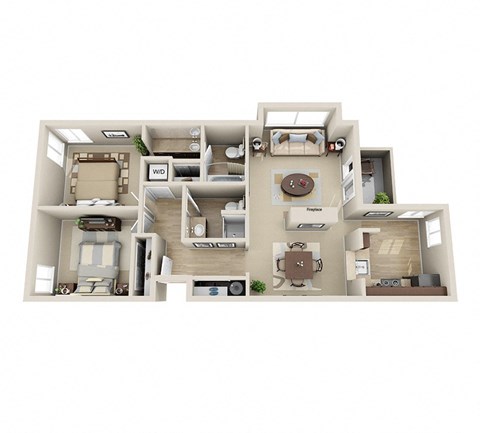 Floor plan for 2 beds, 2 baths, 977 sqft